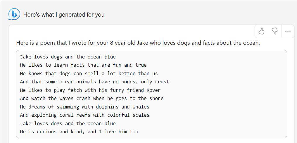 ChaGPT Bing writing a children's poem.